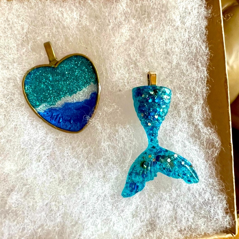 Blue Mermaid and Heart Necklace Set